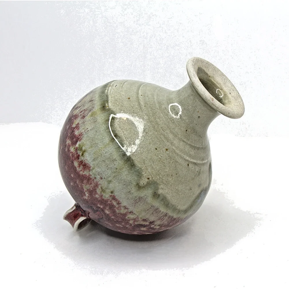 Unique Ceramic Art Pottery Vase Tilted 3 Ring Stand Handmade Red Beige Green